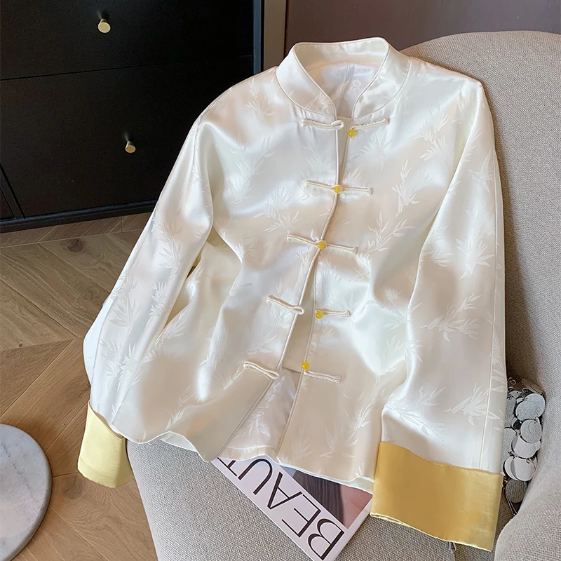 

Новинка 2024 года, атласная куртка-рубашка в китайском стиле, женская блузка с цветочной вышивкой и лягушкой, весенне-осеннее шикарное пальто с воротником-стойкой Y2K