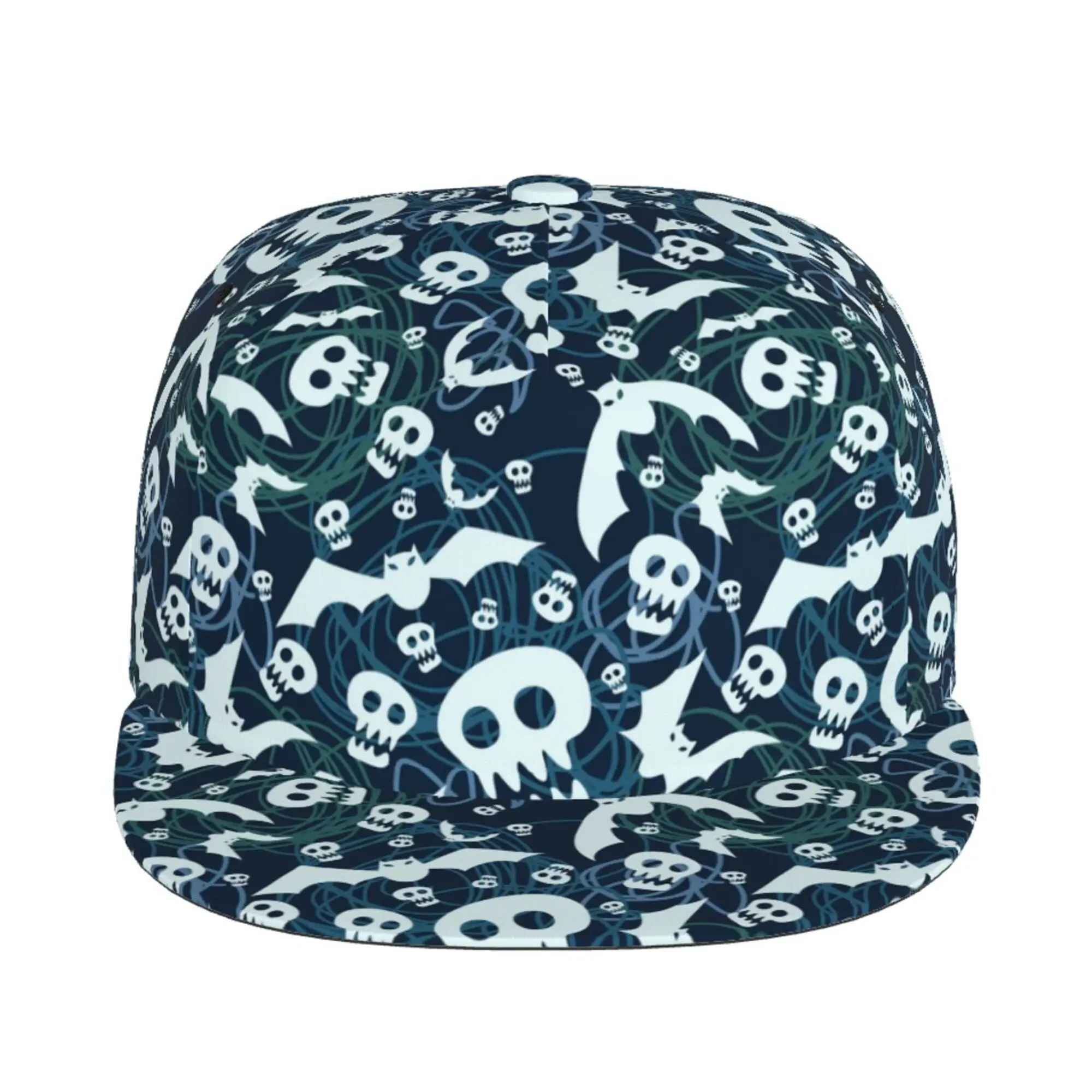 Skulls and Bats Navy Flat Baseball Cap Snapback Hat Hip Hop Rapper Women Men Adult Teens Adjustable Print One Size