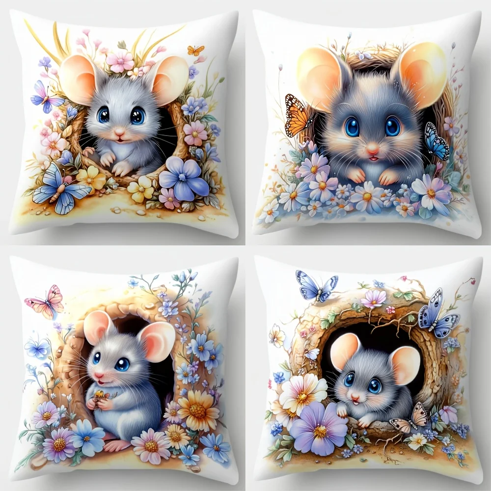 Cute flower and little mouse pattern single-sided digital printing pillow cover Short plush Suitable living rooms bedrooms sofas