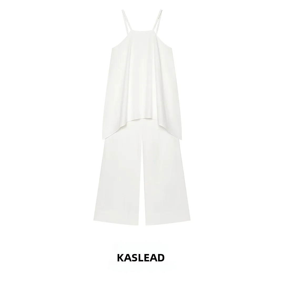 KASLEAD Fashionable Wide Leg Jumpsuit Women's Street Style High Waist Long Pants Polyester Fiber Neck Hanging Strap