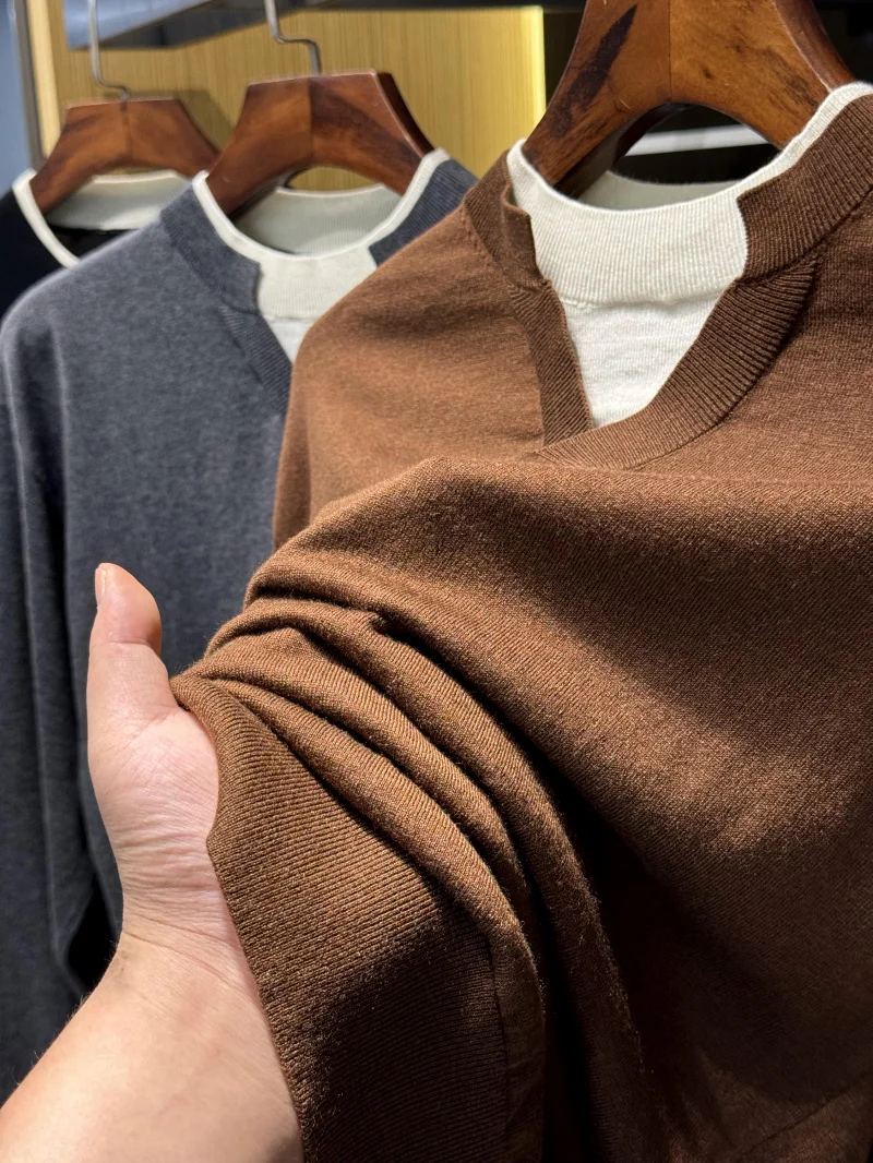   Suéter de punto informal para hombre, conjunto de ocio de rayón y lana de acetato falso de dos piezas, combina con todo, otoño e invierno, calidez en V