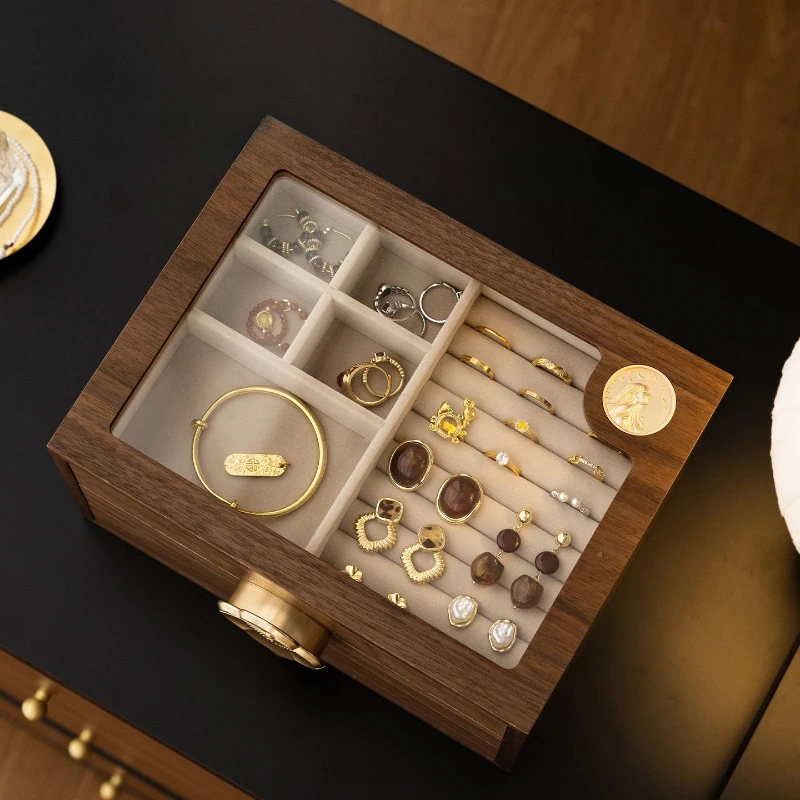 Wooden Jewelry Box Transparent Cover Exquisite Jewelry Storage Boxes Large Capacity Earrings Ring Bracelets Organizer for Woman