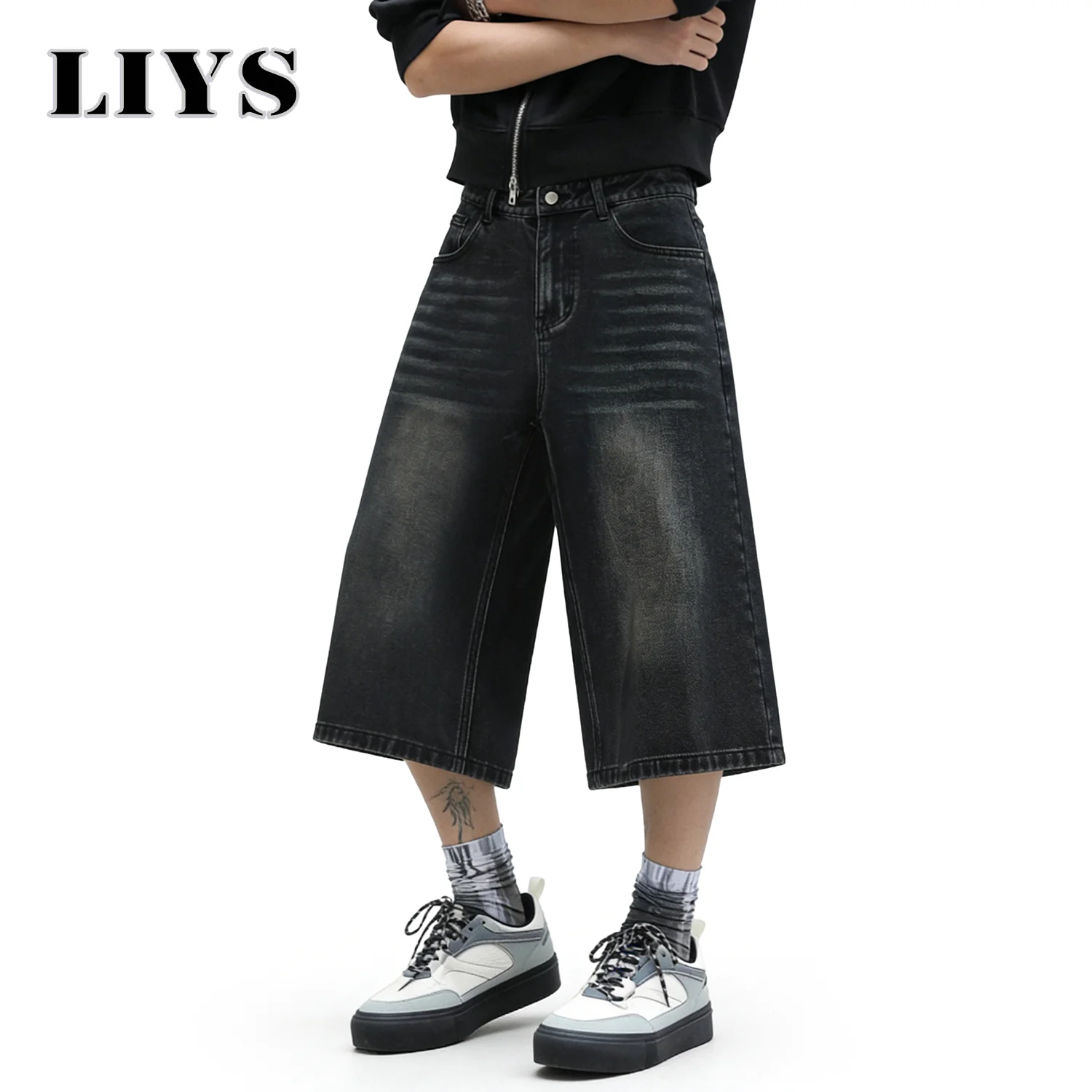 

LIYS американские ретро классические черные ультра мешковатые широкие мужские джинсовые шорты весна-лето повседневные джинсы большого размера мужская одежда