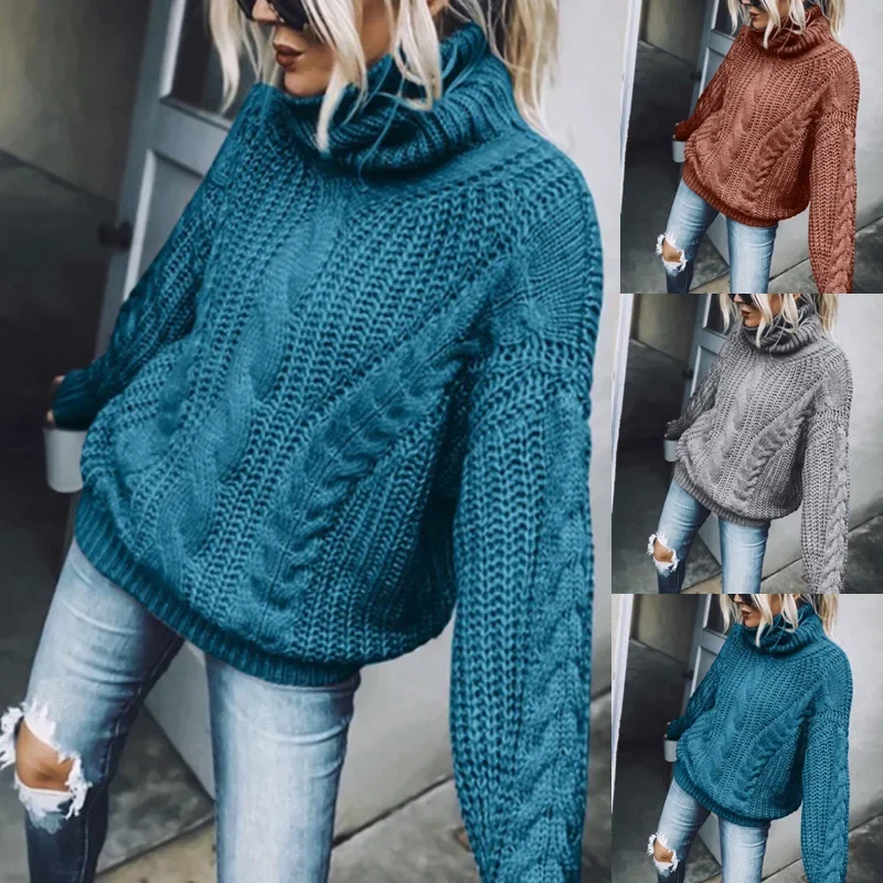 Damskie swetry z dzianiny z pełnym rękawem swetry z golfem Casual jednolity sweter gruby splot Lady Vintage Winter 2024