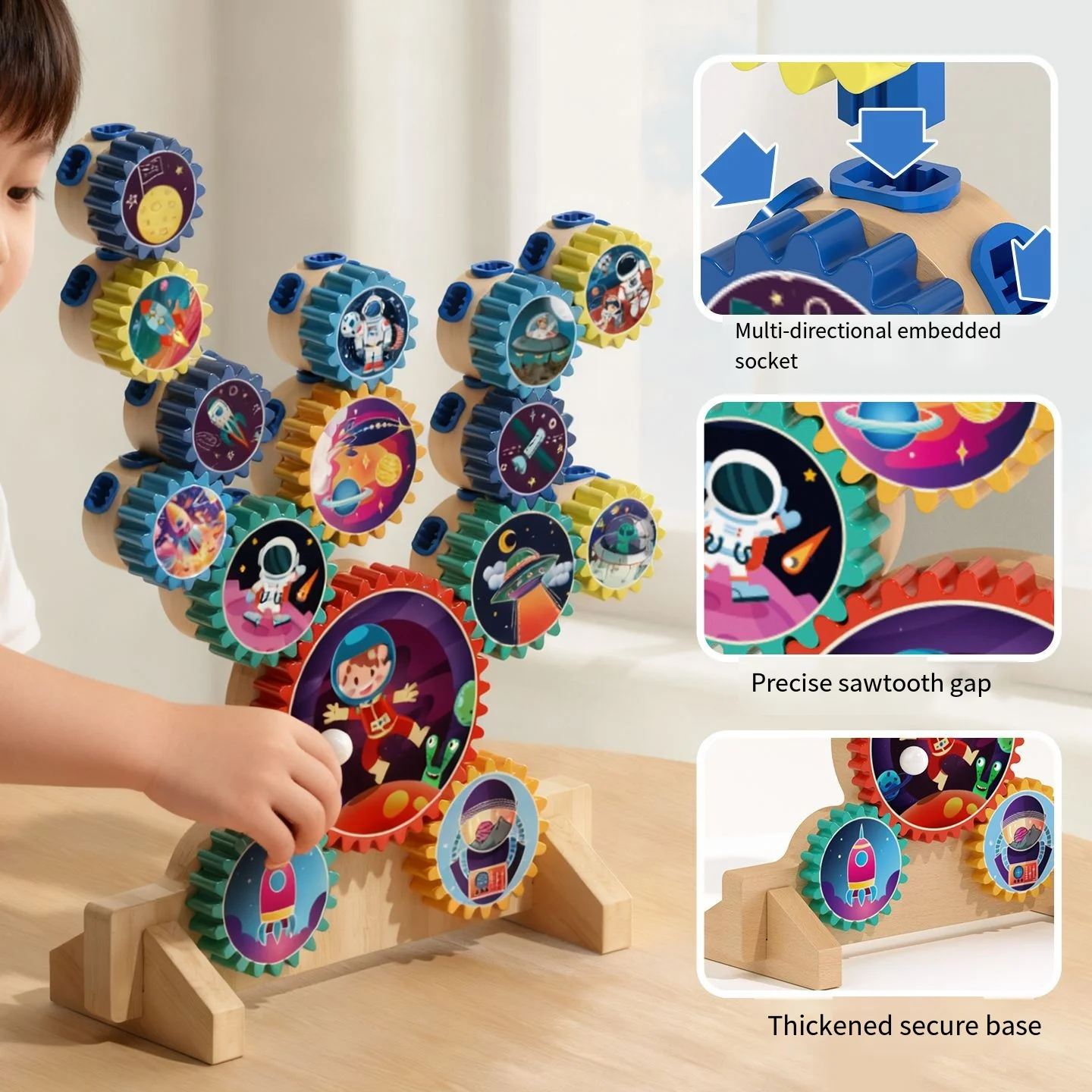 ของเล่นเกียร์หมุน DIY - ชุดบล็อกสร้างสรรค์ธีมอวกาศ ชุดเกียร์เชื่อมต่อสำหรับเด็ก ของเล่นปริศนาประกอบหมุนได้เพื่อการศึกษา