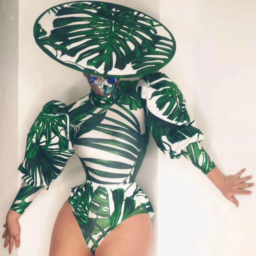 

Puff Sleeve Green Leaves Print Asymmetrical Bodysuits Women Tight Stretch Short Hat Pole Dancing Outfit Stage Wear Lady Costumes