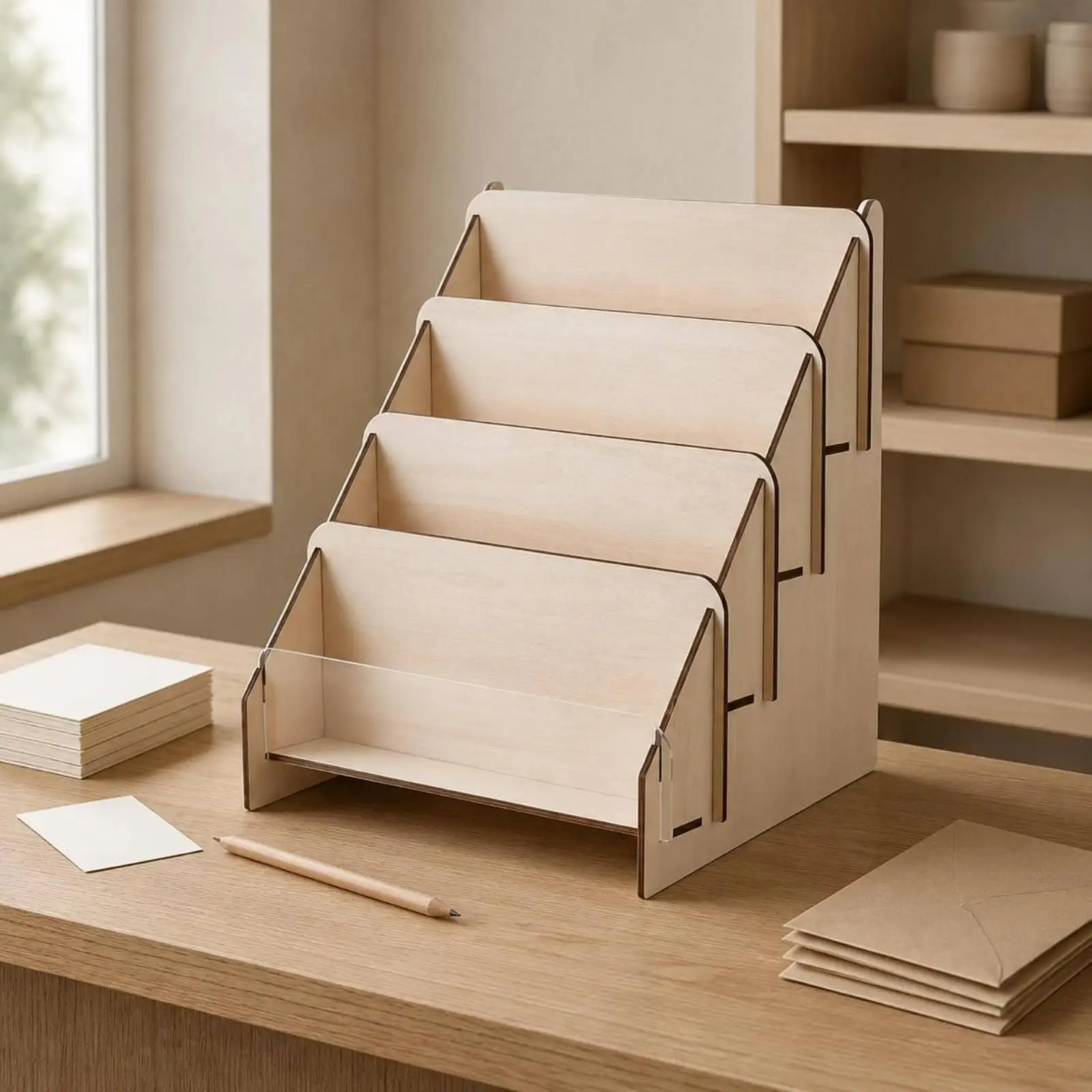 Wooden Greeting Card Stand Stair-Staircase Design Wooden Greeting Card Holder Space-Saving Postcard Display Rack for Retail