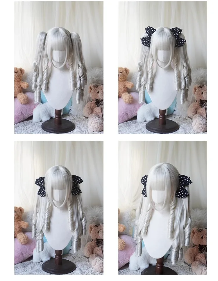 Sweet Roman Curly Synthetic Retro Lolita Long Curly Hair With Tigermouth Double Ponytail  Anime Wig Woman Party Cosplay Wig