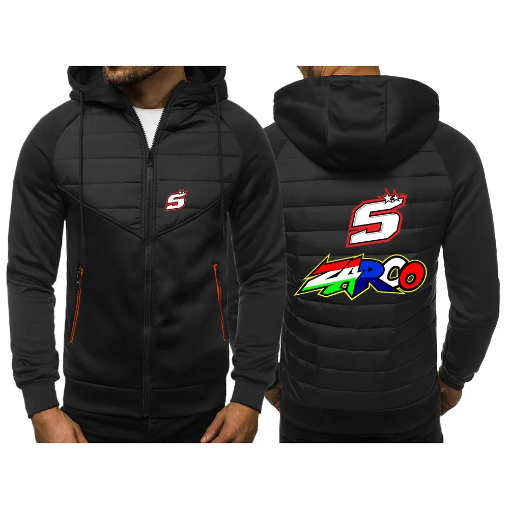 2024 Spring Autumn Mens Moto Rider JOHANN ZARCO No. 5 Logo Print Fashion Splicing Cotton Casual Zipper Design Hooded Jacket Coat