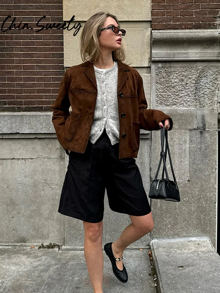 Brown Suede Short Women Jacket Casual Long Sleeve Single Button Turn-down Collar Female Coat 2024 Autumn Retro Lady Streetwear