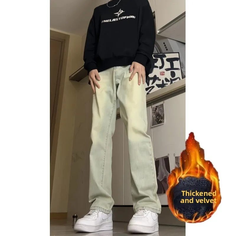 

Men's Slim Fit Straight Leg Jeans Fce Lined Bell Bot High Street Sle Autumn Winter New Arrival American Vibe Long Tr...