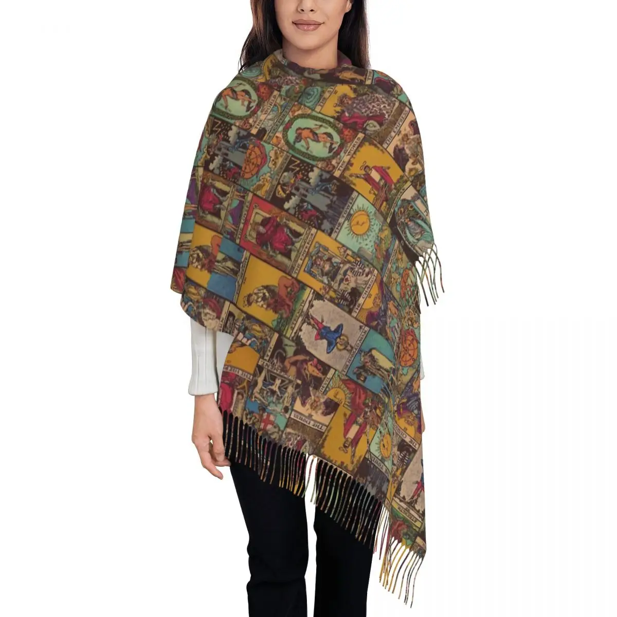 The Major Arcana Of Tarot Vintage Patchwork Scarf Tassel Scarves Women Soft Warm Shawls and Wraps Large Fall Winter Shawl Wrap