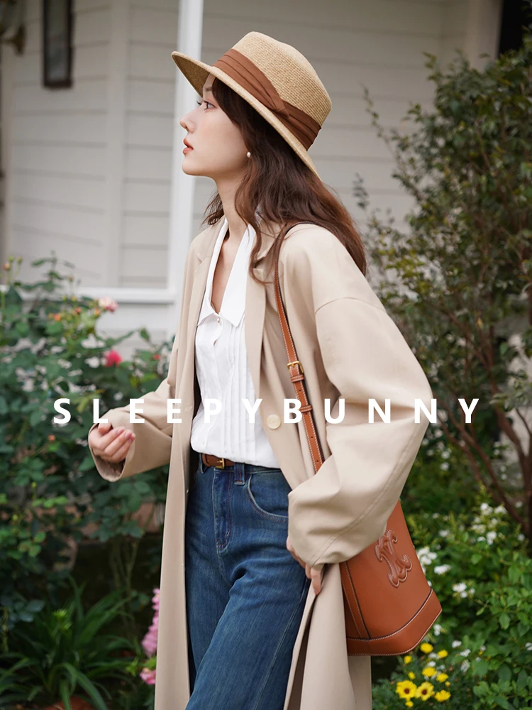Loose Long Trench Coat Women Blazer Collar Casual Drop Shoulder Overcoat Autumn British Style Minimalist Outerwear Office Daily