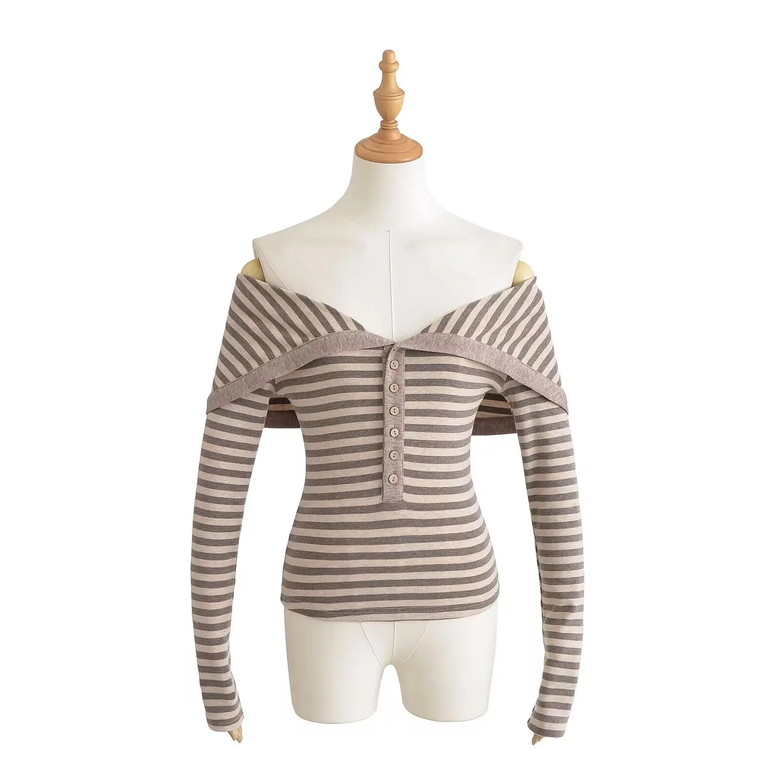 قميص نسائي بأكمام طويلة وتصميم مخطط ضيق، بياقة كبيرة وكتف واحد مع أزرار، أسلوب عصري وجذاب للشارع #5