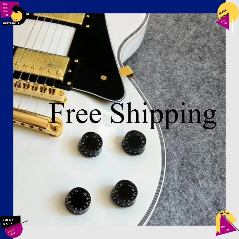 Bright White  Electric Guitar Multi-layer Silver Edge Gold-plated Solid Wood Body HH Pickup Black Protective Plate Beginner