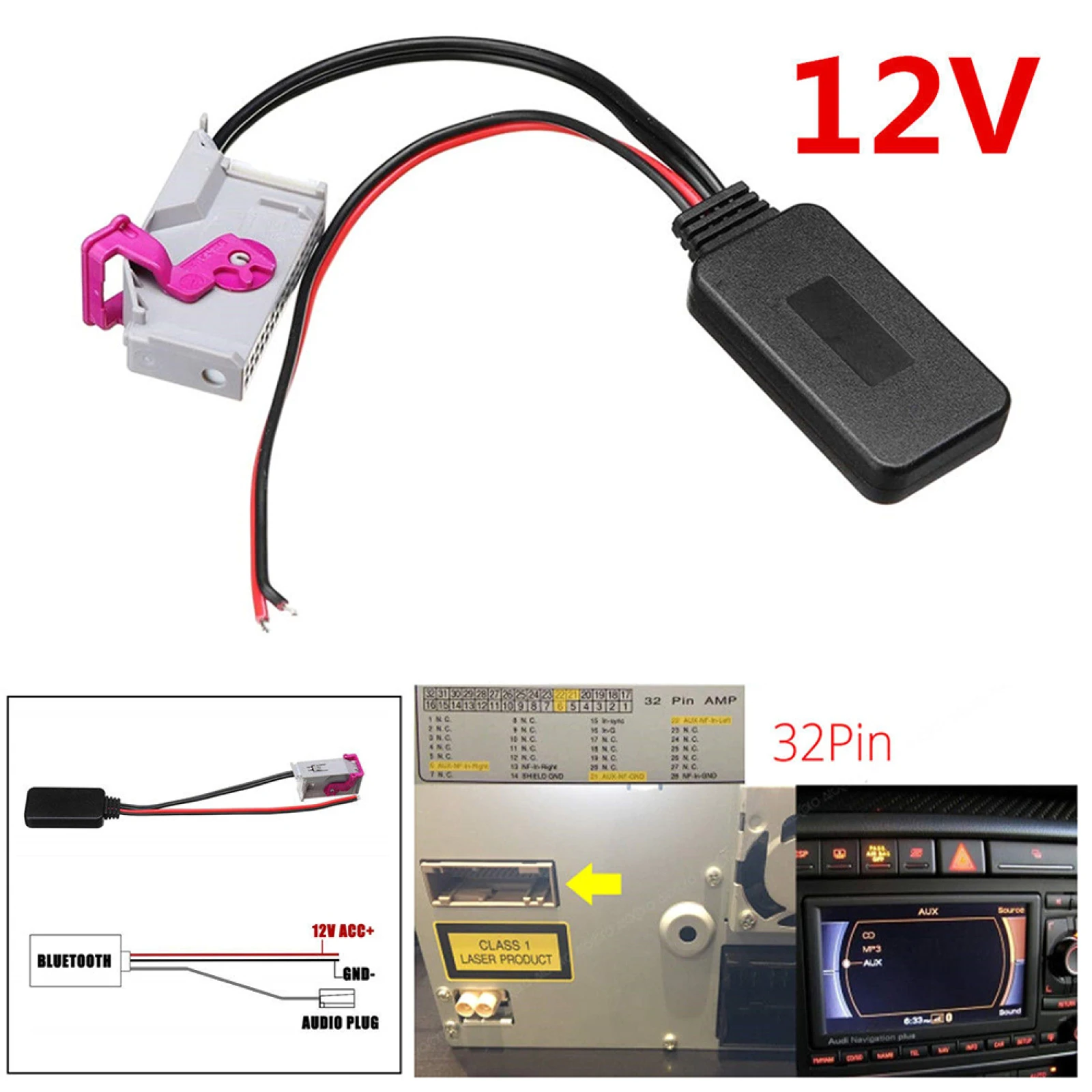

12 В 32-контактный Bluetooth-адаптер Aux-кабель для A3 A4 A6 A8 TT R8 RNS-E НОВЫЙ Поддержка формата MP3 Audio WMA WAV FLAC Автомобильные аксессуары