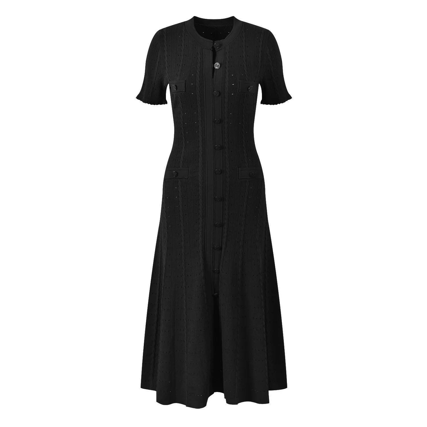 women short sleeve Round Neck Slim Fit Knitted Dress with Button front pleated midi office elegant cotton Long Dress