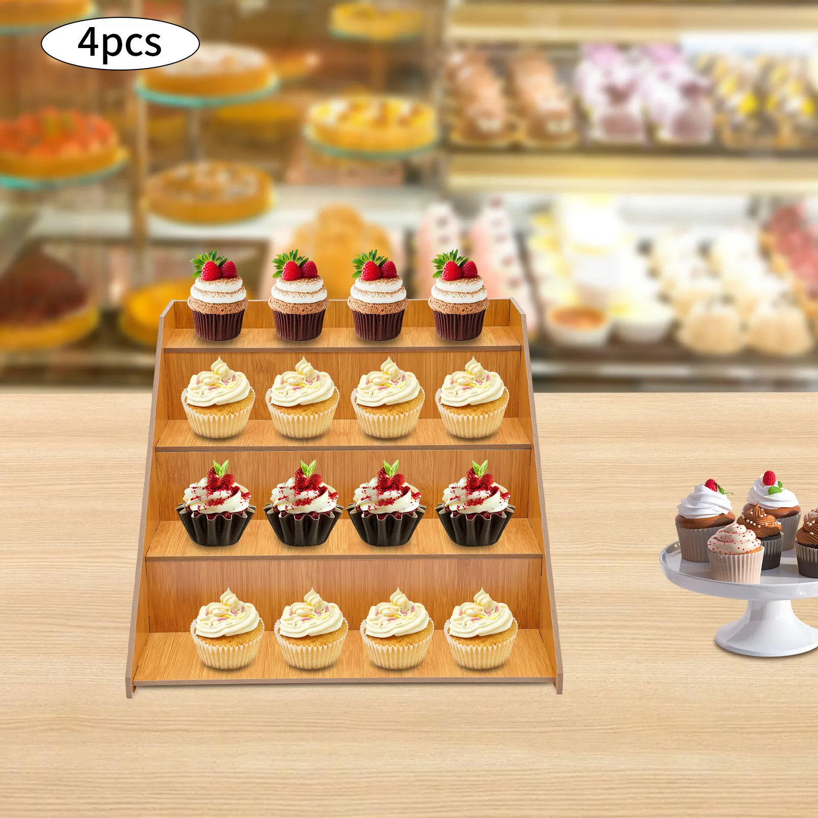 

4-Piece Tiered Display Stand Set, Triangle MDF Retail Rack 4-Tier, Countertop Display for Store Bakery Party