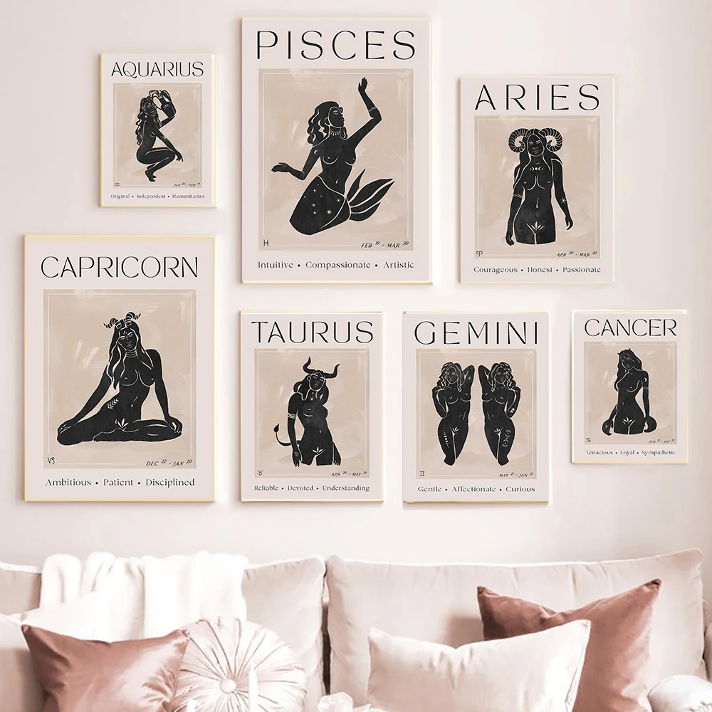 Retro 12 Zodiac Posters Capricorn Gemini Cancer Leo Libra Sagittarius Constellation Canvas Painting Wall Art Pictures Home Decor