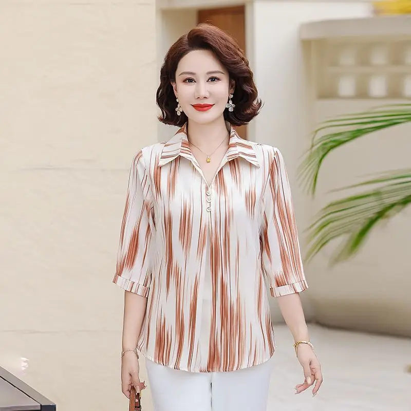 

Women's New Spliced socket Lapel Button Stripes Fashionable Loose Versatile Casual 7-quarter Sleeves Shirts
