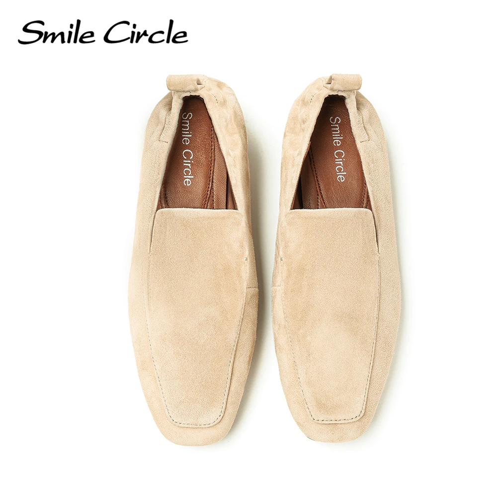 Smile Circle Suede Leather Loafers Women Square toe Slip-on Flat Shoes Simple Comfortable and Soft Women\'s Casual Shoes