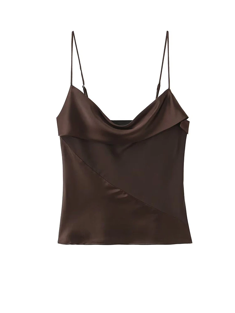 

Women Spliced Coffee Satin Camisole Top Swinging Collar Crop Tops