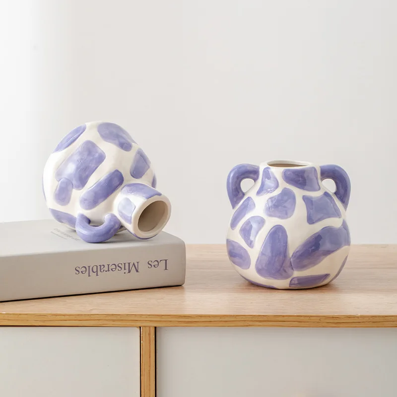 Hand Drawn Purple Double Handle Ceramic Vase,Irregular Textured FlowerPot for Dry Fresh Flower  Tabletop LivingRoom DecorOrnamet