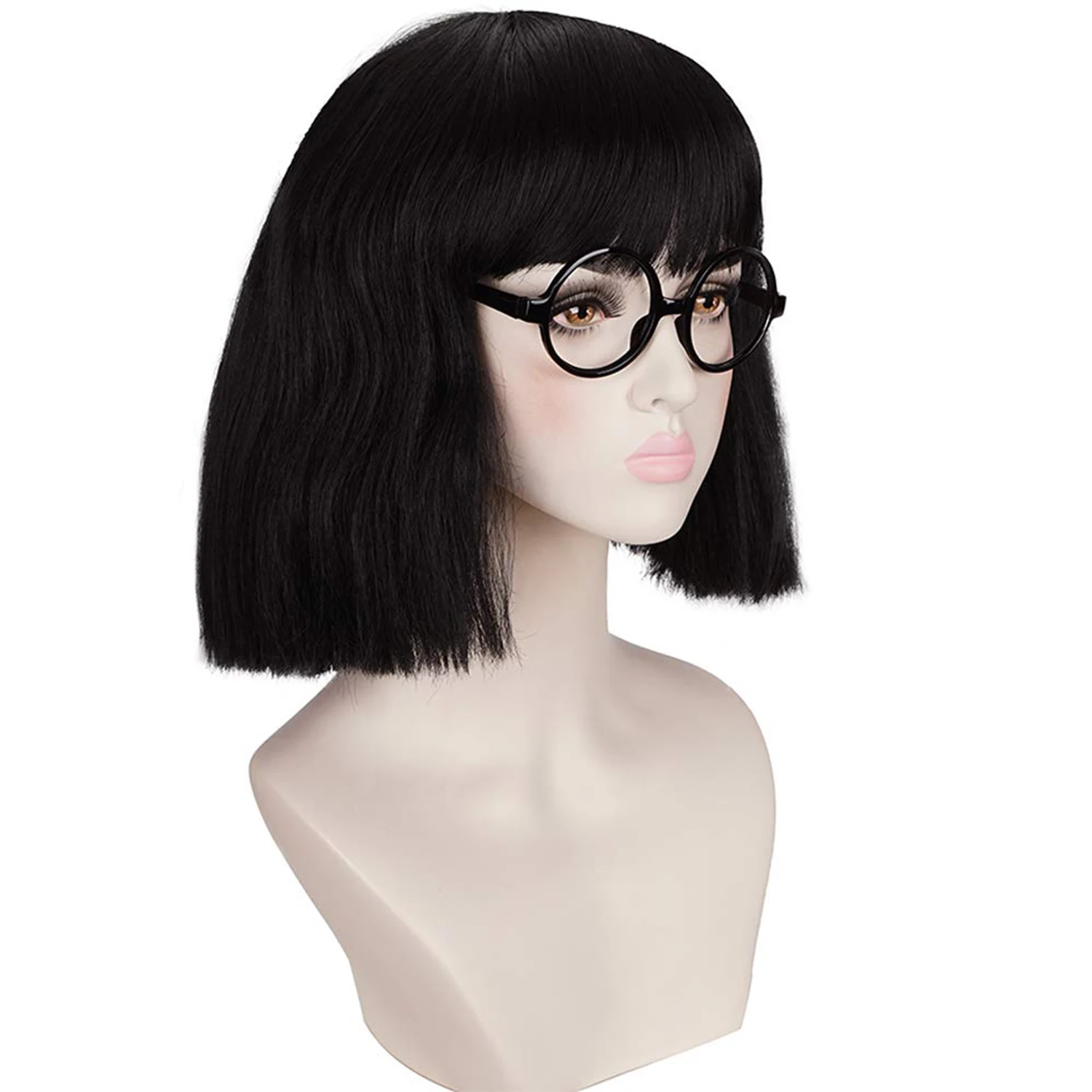 Black Medium Cosplay Wig with Cut Bangs for Women Including Glasses frame Synthetic