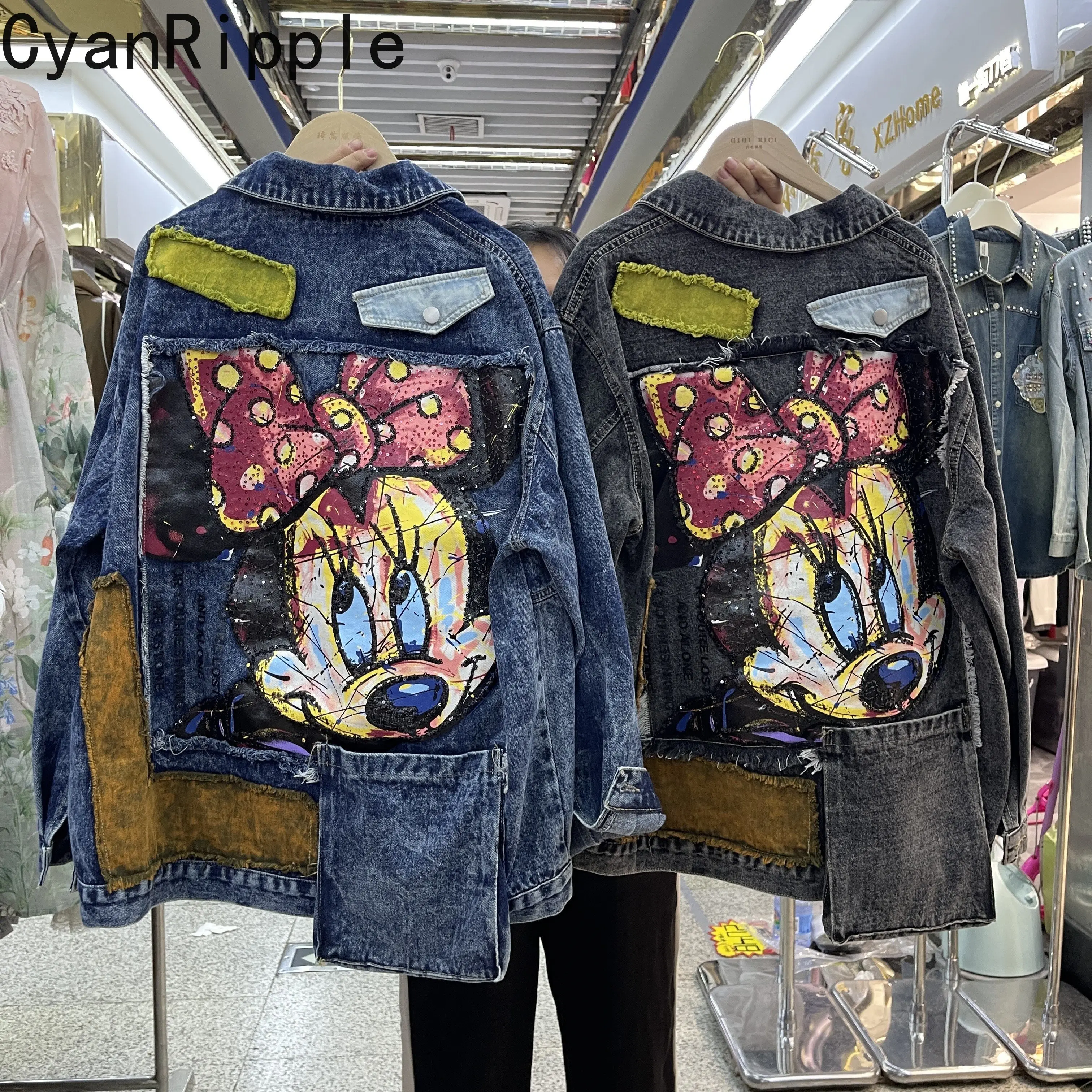 

Fashionable New Spring Autumn Women Denim Jacket Sequins Embroidery Mickey Loose Cardigans Top Long Sleeve Casual Jeans Coats