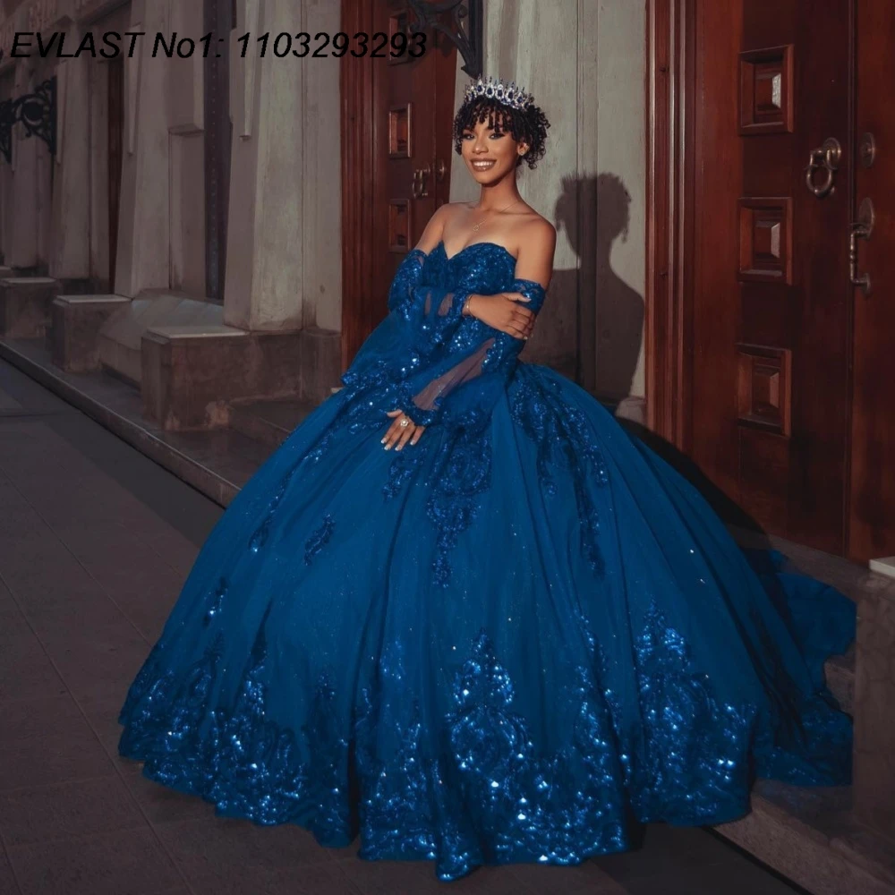

EVLAST Customized Mexican Royal Blue Quinceanera Dress Ball Gown Sequins Applique Beading Sweet 16 Vestidos De 15 Anos E1QN490