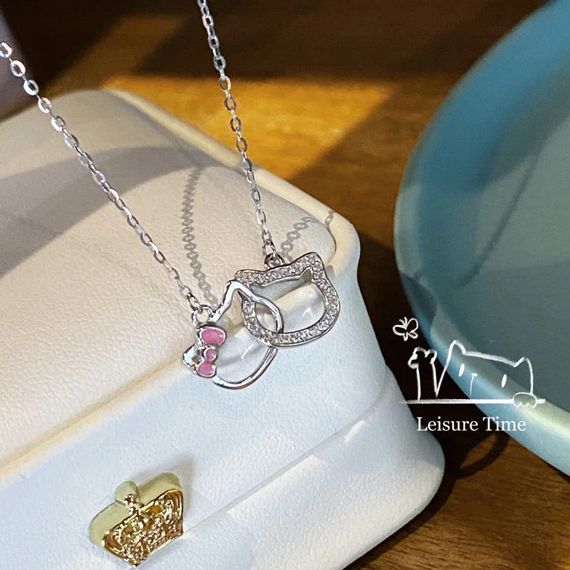 Sanrio Hello Kitty Necklace Pendant Double Ring Clavicle Chain Diamond Silver Girlfriend Charms Clasped Anime Chain Jewelry Gift