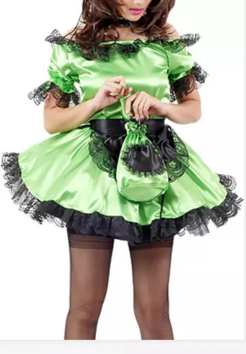 Sissy green sexy maid satin dress lace short skirt cosplay Halloween lockable Costume customized