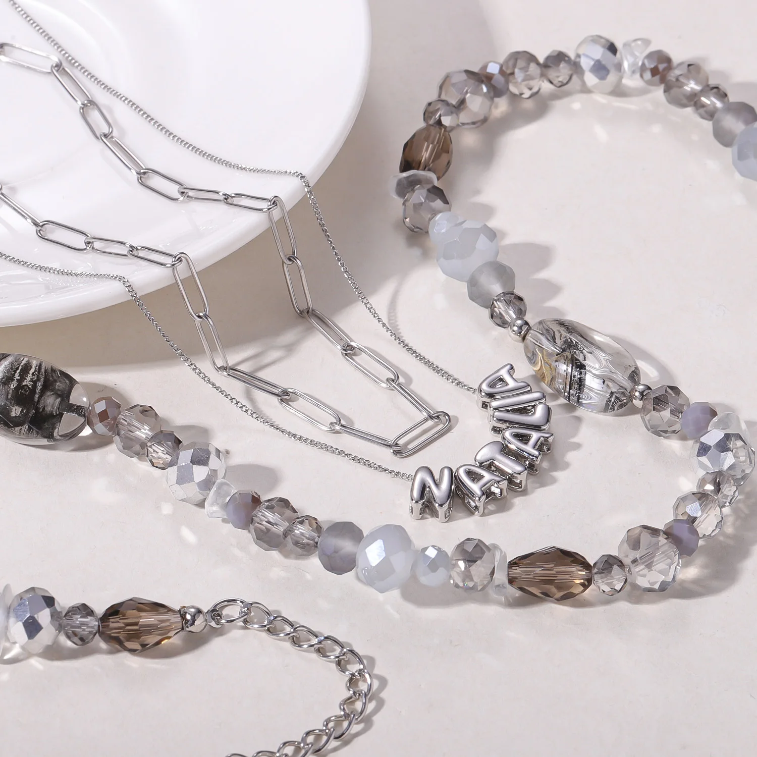 

Custom 3D Initial Letter Necklace Multi Layer Luxury Bead Chain Crystal Silver Plated Stainless Steel for Women Christmas Gift