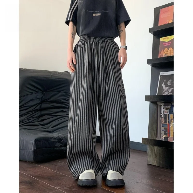 

Американские повседневные брюки в полоску свободного кроя с прямыми штанинами для мужчин и женщин, с высокой талией, из полиэфирного волокна, универсальные, на все сезоны, комфортные...