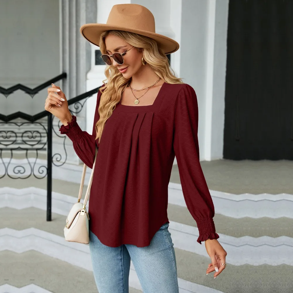 

Women's Blouses & Shirts for Women Elegant Clothes Korean Long Sleeve Square Neck Red Chiffon Tops Spring Autumn Clothing