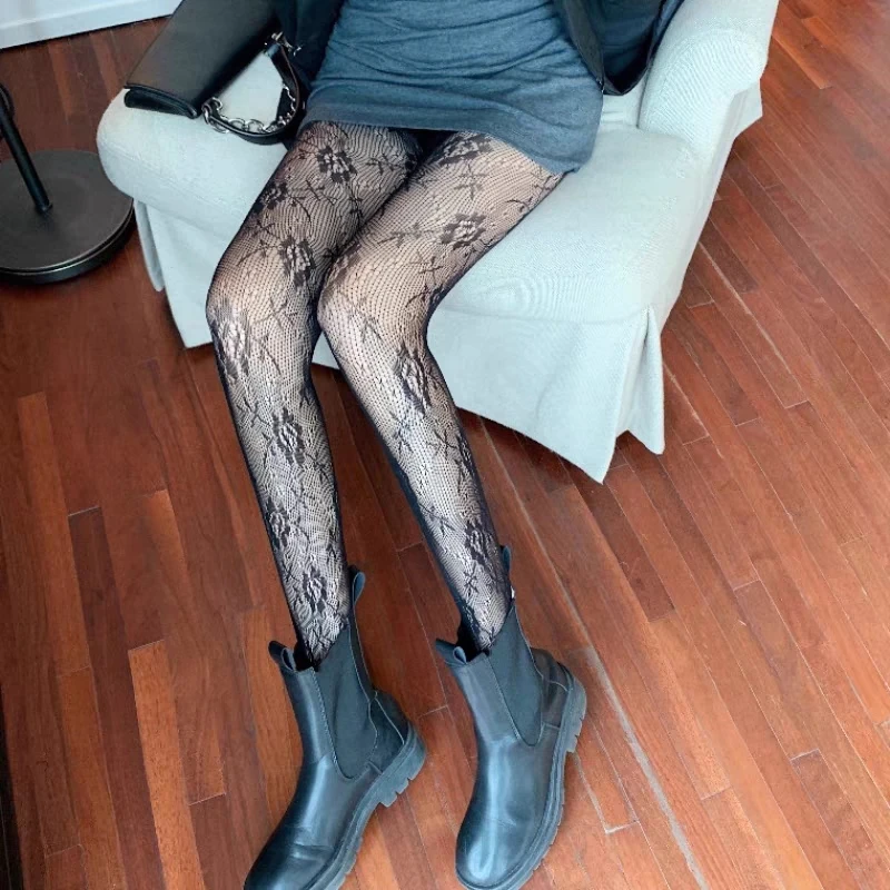 أسود ريترو روز زهرة الكرمة شبكة صيد السمك الدانتيل جوارب طويلة ضيقة للفتيات النساء قاع جوارب مثير لاسي شبكة صيد السمك الجوارب