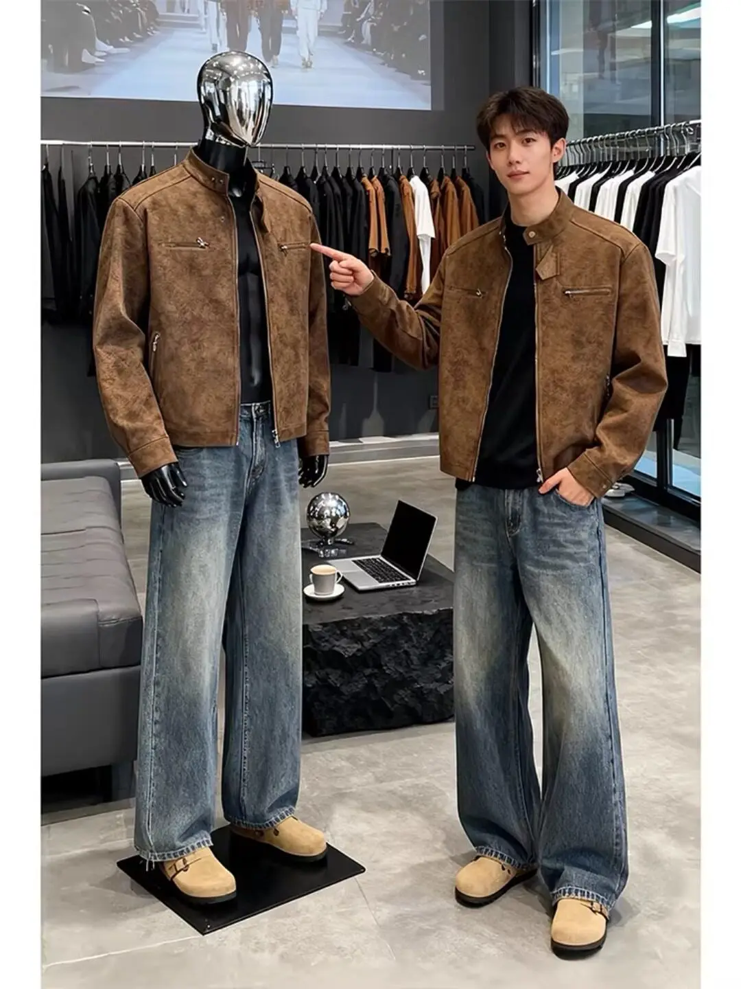 

Men's Spring Autumn PU Leather Jacket Dyed Baseball Style Stand Collar Workwear Jacket Shoulder Width Regular Length Long Sleeve