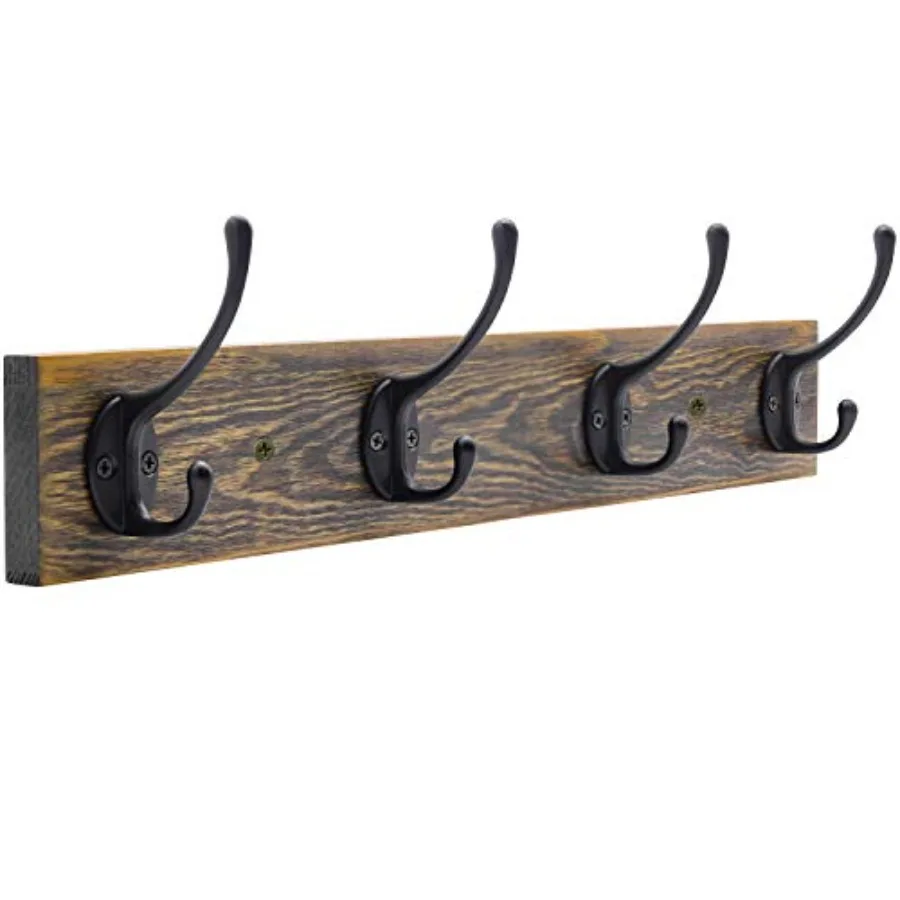 

Wall Mounted Coat Rack, Entryway Hanging, Metal Wood Rack with 4 Black Literary Rustic Hooks Rail for Scarf, Bag, Towel, Key, C