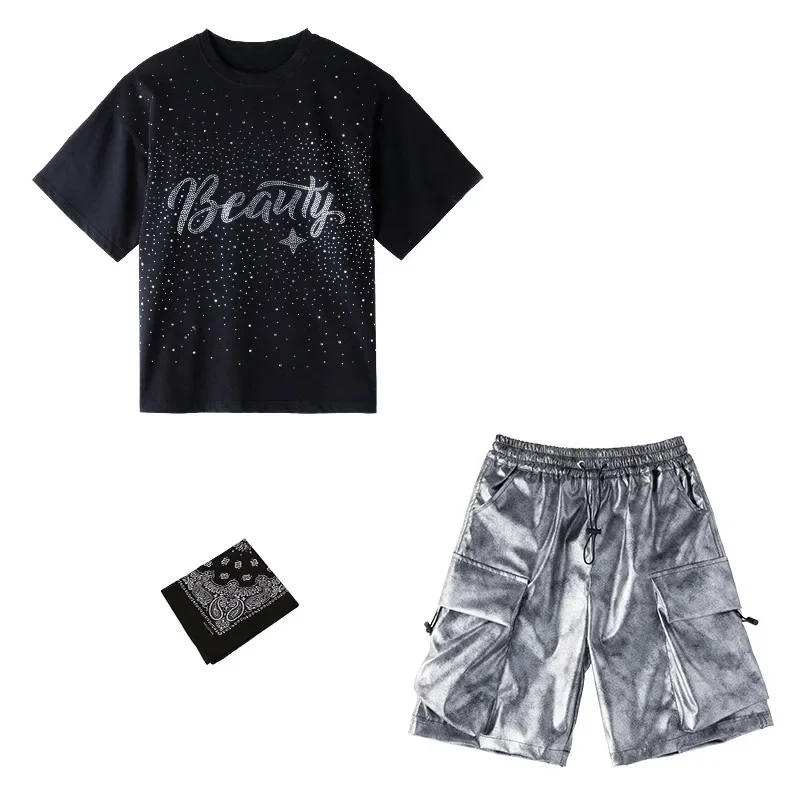 

Kids Jazz Outfit Girls Hip Hop Show Boys Stage Catwalk Costume Black Rhinestone Top Silver Leather Tie-dye Cargo Shorts