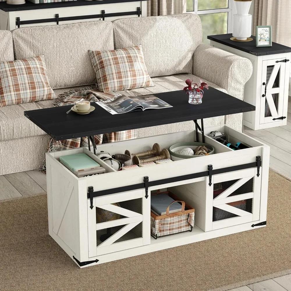 47.3FT Lift Top Coffee Table with Sliding Barn Door, Center Table with Large Storage, Modern Antique Rectangular Coffee Table