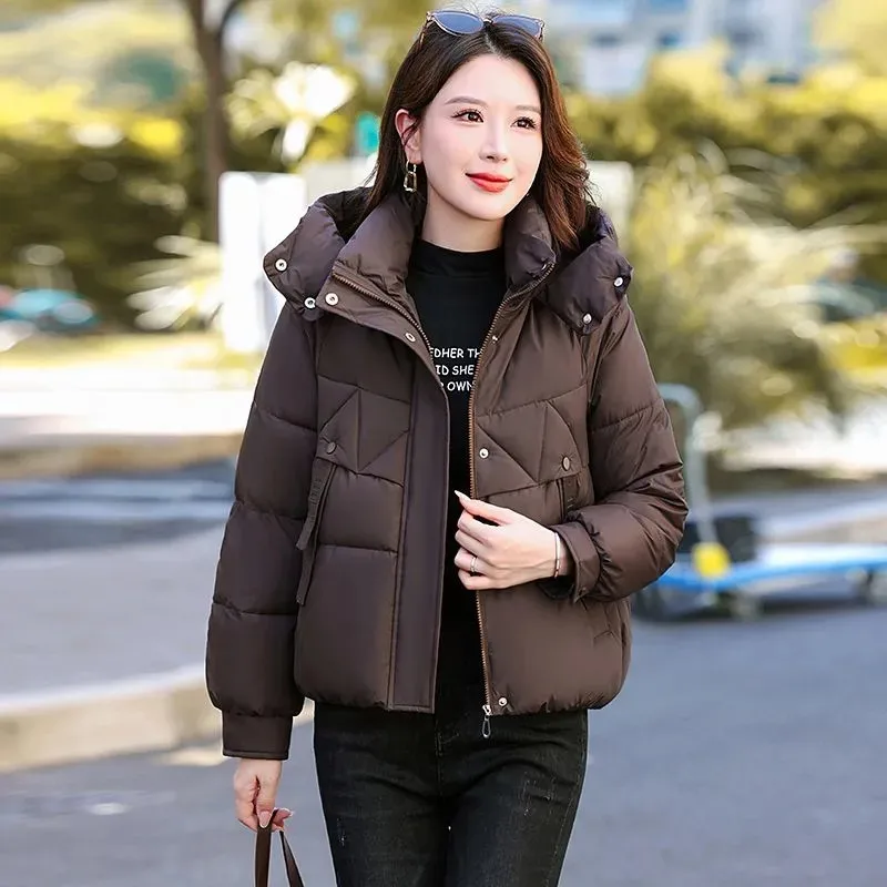 ファッションショート厚手暖かいパッド入りコート女性用パーカー冬2026新作韓国風フード付きダウンコットンジャケットレディースゆったりアウターウェアT1619