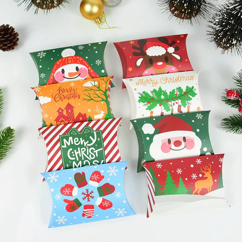 12Pcs Christmas Pillow Shape Candy Box Merry Christmas Decoration Cartoon Gift Box Packging Kids Favors 2024 New Year Navidad