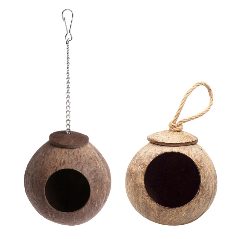 Natural Coconut for shell Bird Nest House  Cage Feeder Toy with Hanging Lanyard for Pet Parrot