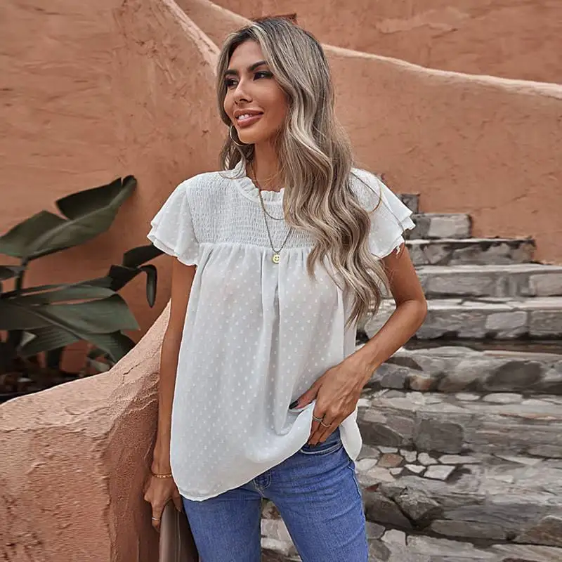 

Summer New Color Chiffon irt Women's Loose round Ne ort Sve Polyester Fiber Pure Color Commute Sle T-irt