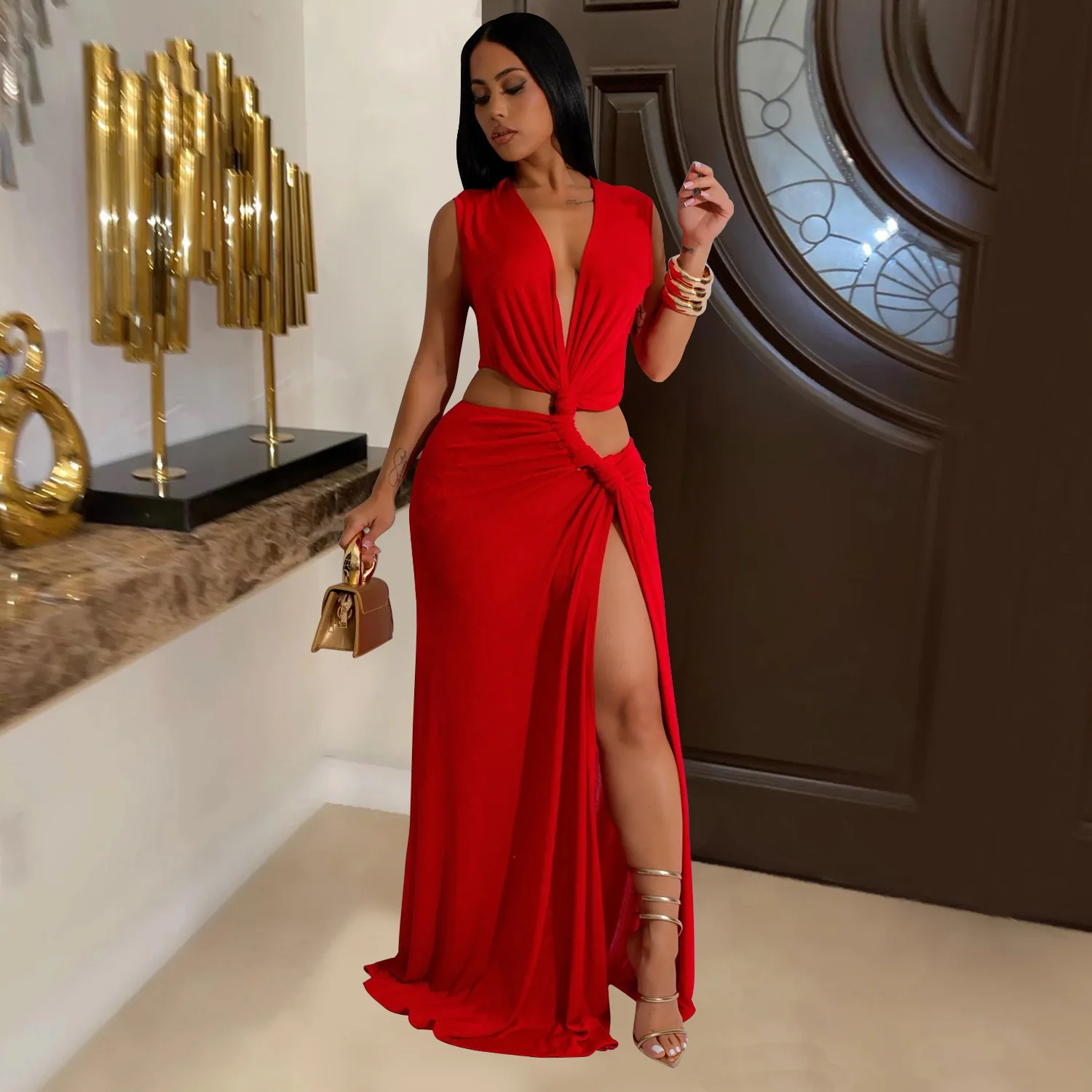 Women Sexy Waist Cross deep v neck Dress Sleveless Hollow Out Cut Out Party Dress High Split Bandage Bodycon Club Party Dresses