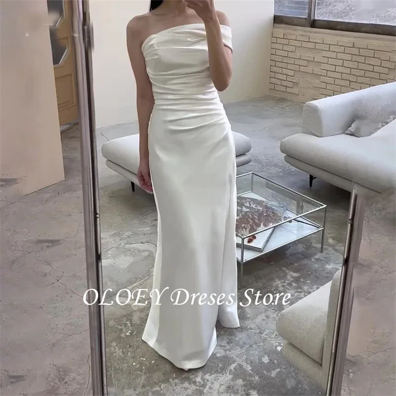 OLOEY Elegante monospalla morbido abito da sposa in raso coreano servizio fotografico senza maniche una linea abito da sposa Sweep 40.SQL personalizzato