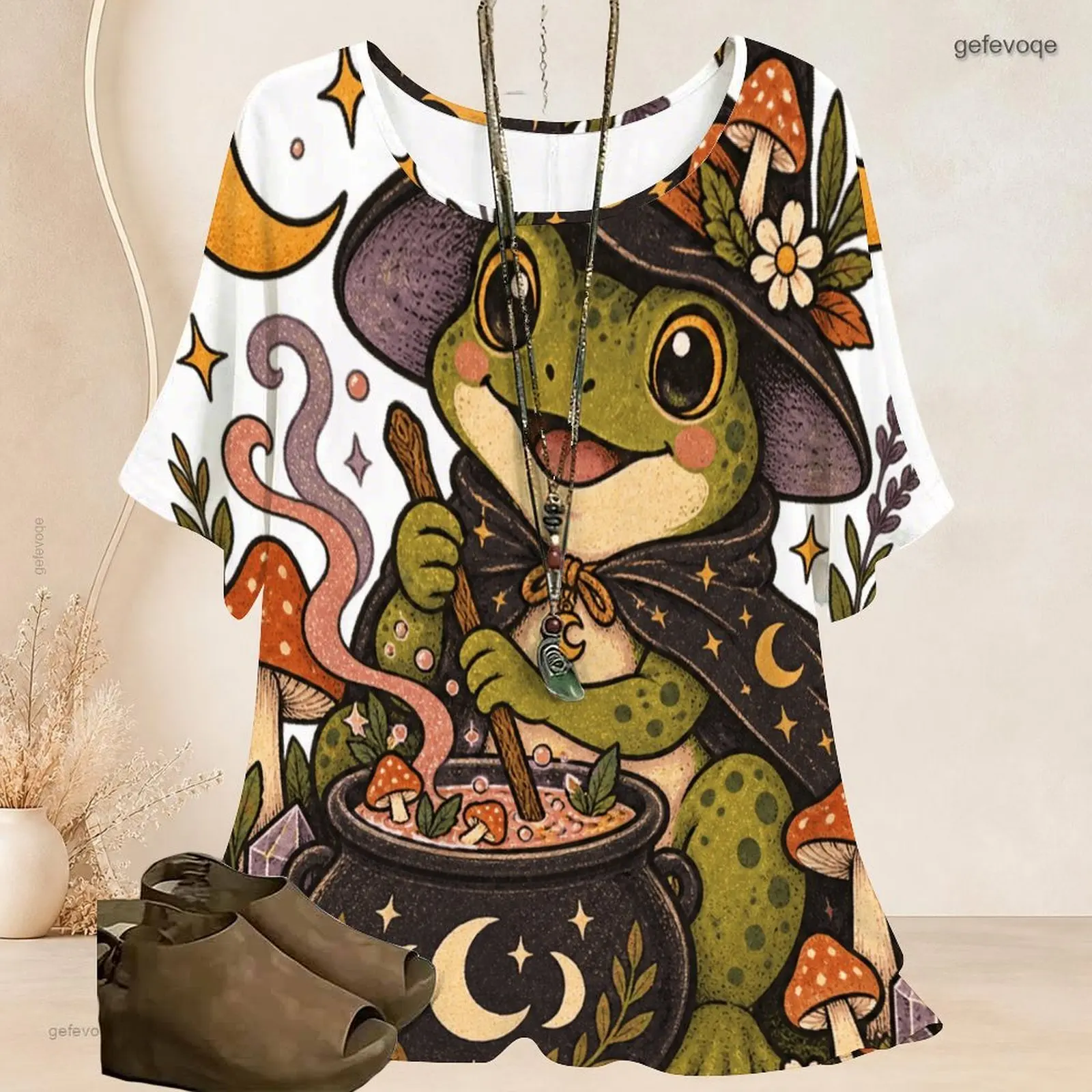 Women Round Neck Loose Short Batwing Sleeve Printed Top Witch Frog Cauldron Mushroom Moon Star Pattern Top