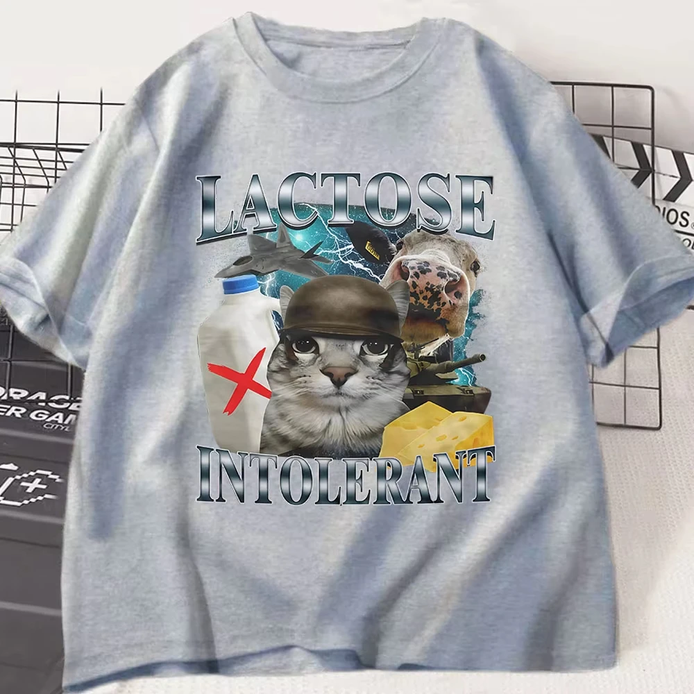 اللاكتوز غير الممتاز مضحك القط ميمي تي شيرت الرجال النساء ريترو موضة قصيرة الأكمام تي شيرت القطن عادية مريحة المتضخم تي شيرت #4