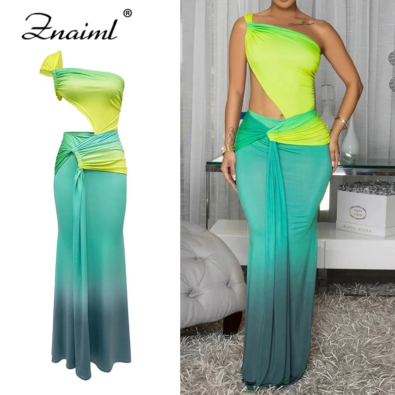 Znaiml Chic Eine Schulter Geraffte Cut-Out Farbverlauf Grün Maxi Kleid Frauen Aushöhlen Geburtstag Party Kleider Urlaub Prom vestidos