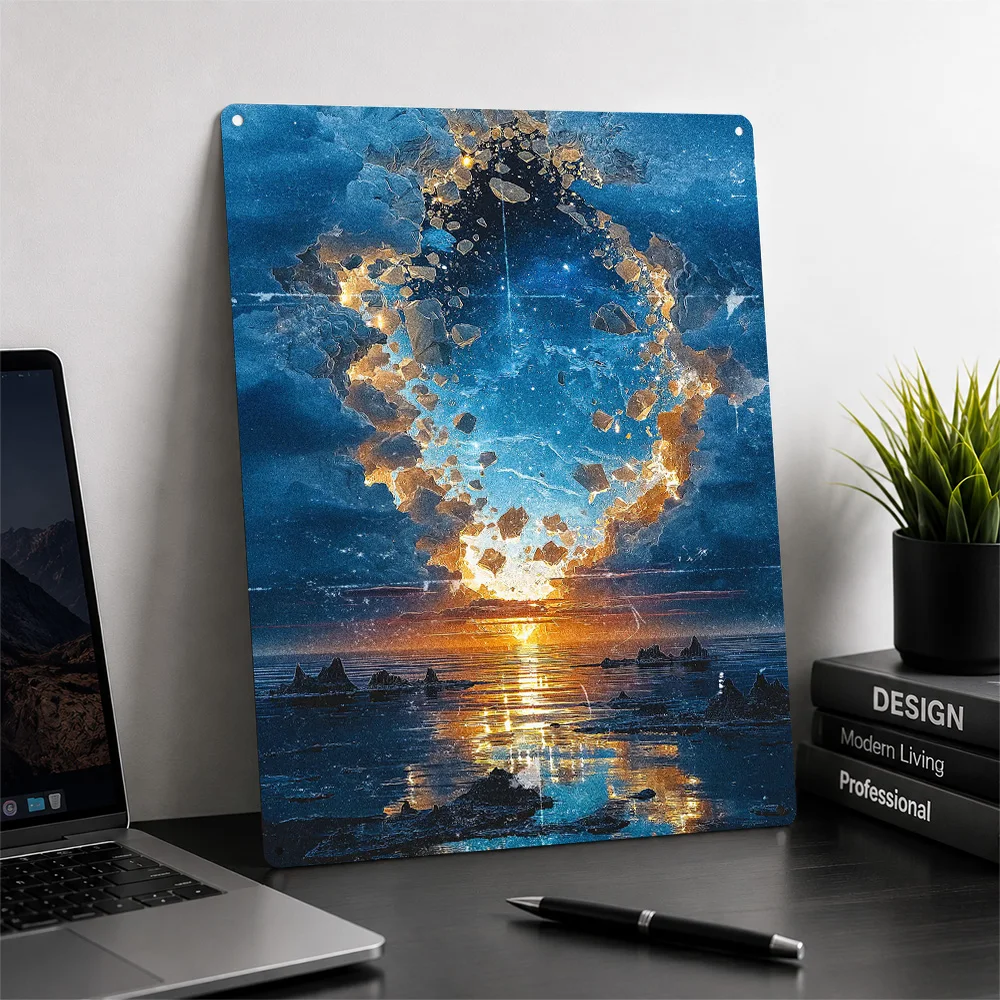 Cosmic Sunset Over Icy Landscape Poster Retro 3D Printed Metal Signs Customized Wall Hanging Gift for Home Decor Items Wand Deko